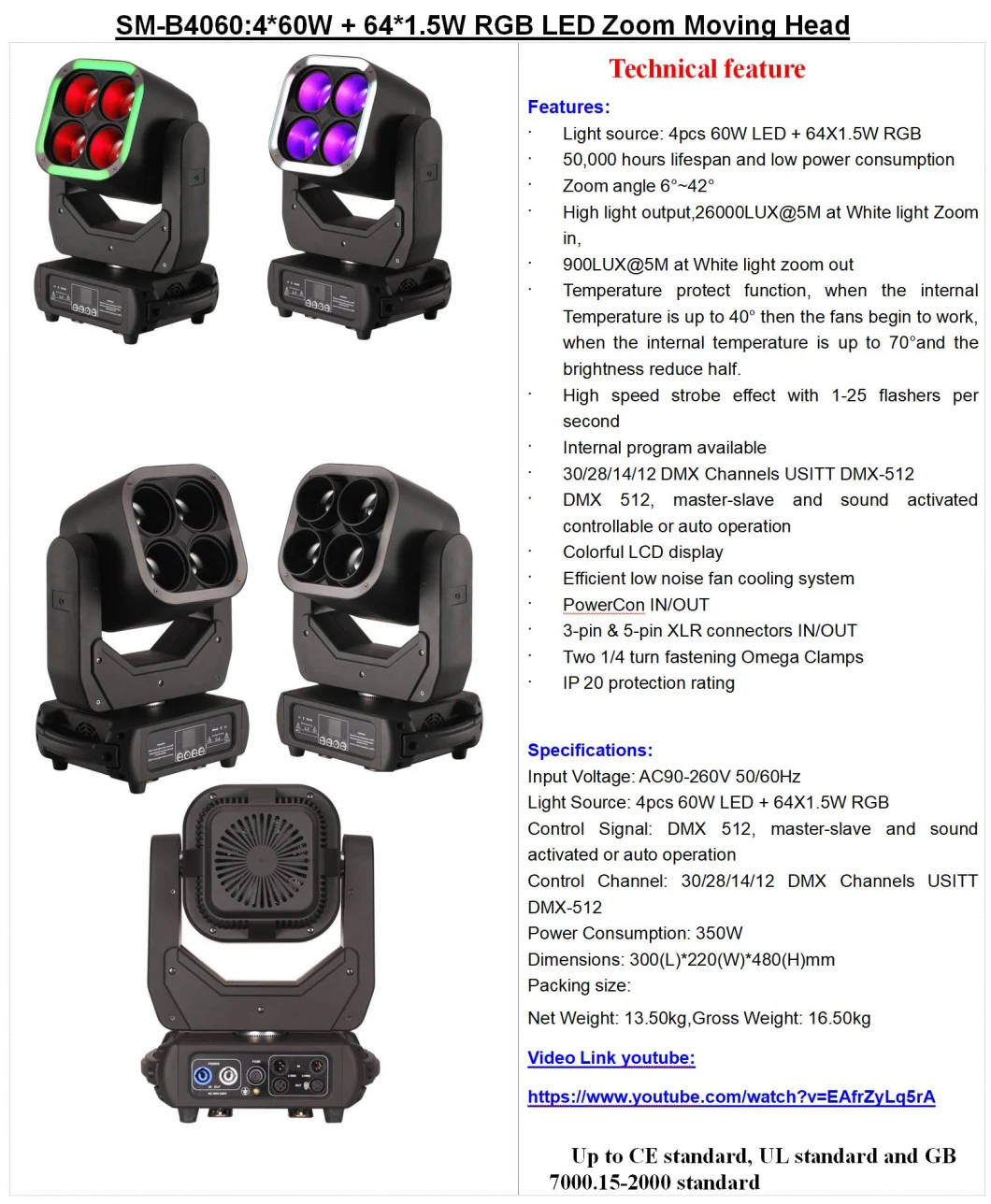 Sm-B4060: 4*60W + 64*1.5W RGB LED Zoom Moving Head